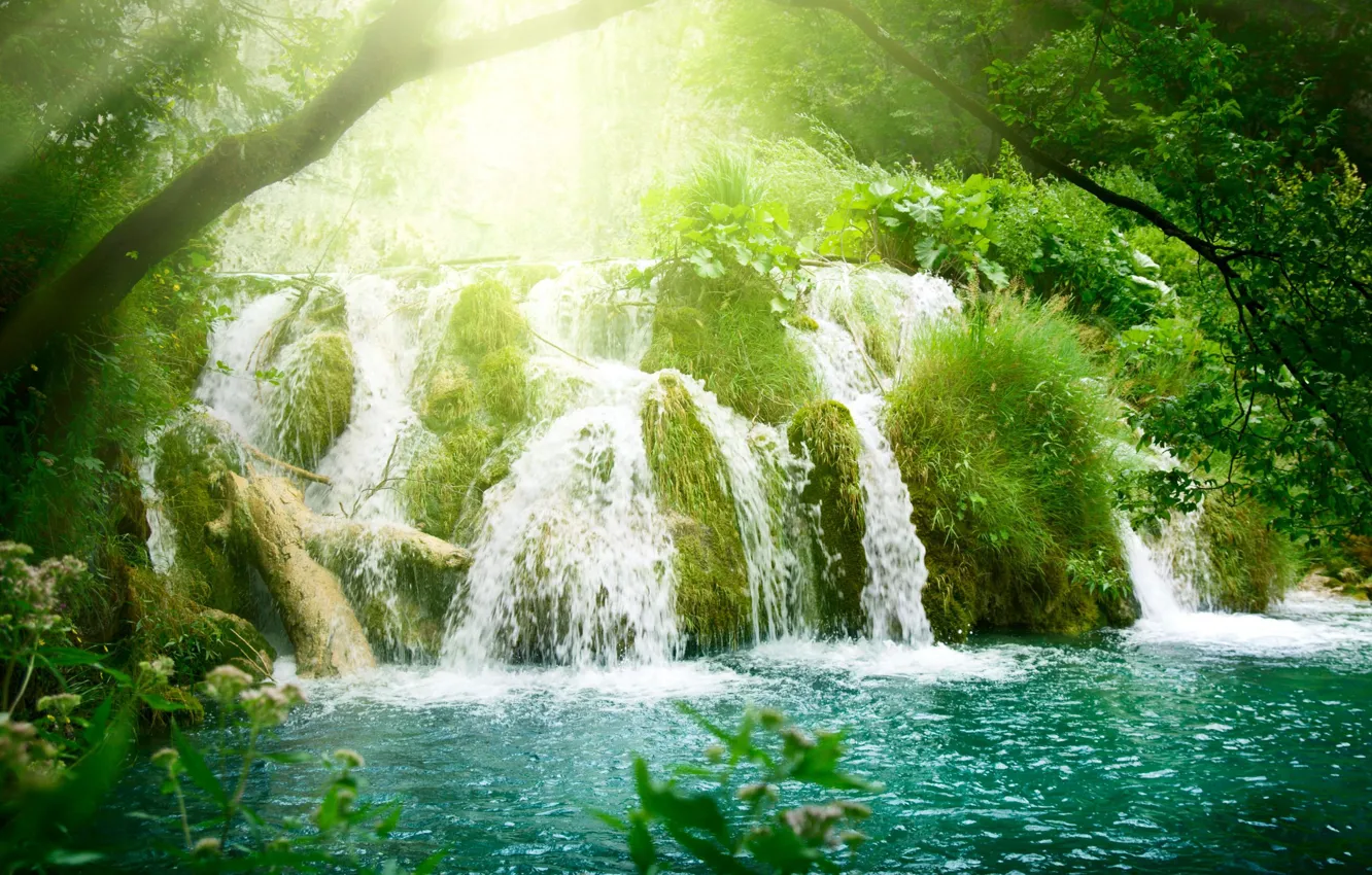 Photo wallpaper rays, trees, vegetation, waterfall, Lazur, the sun, Waterfall