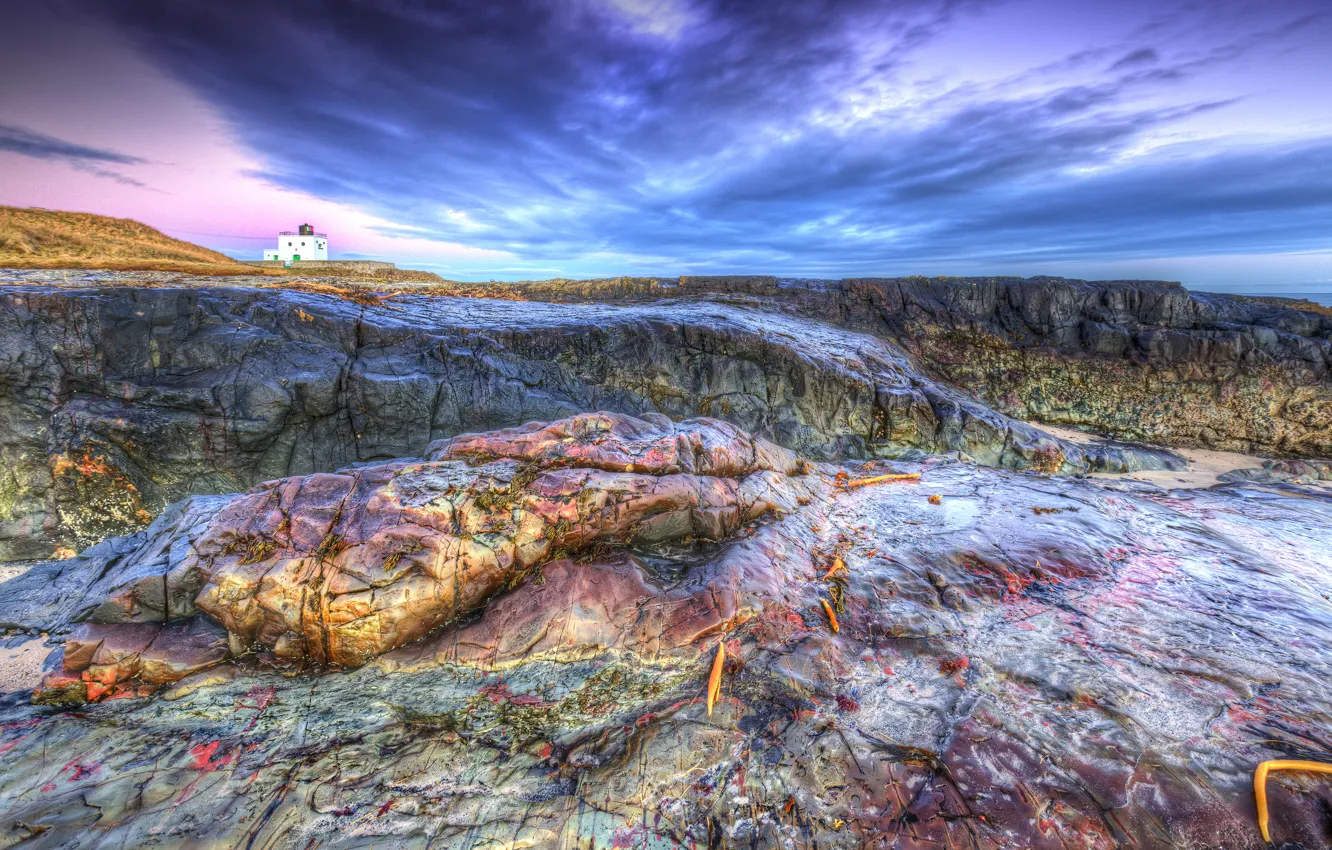 Photo wallpaper sea, stones, coast, lighthouse, England, HDR, lighthouse, Bamburgh Beach