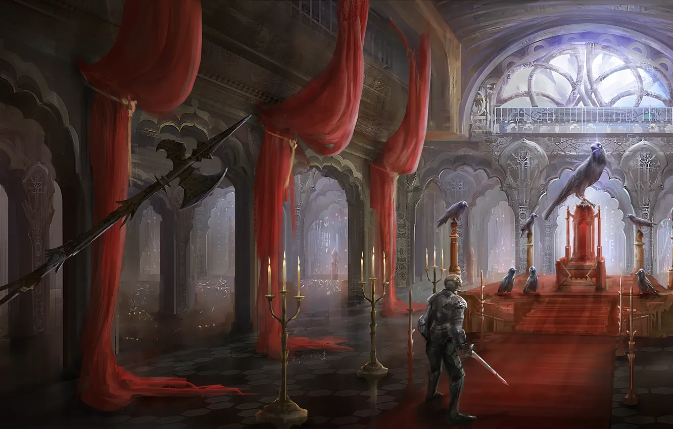 Photo wallpaper weapons, castle, bird, sword, armor, candles, warrior, art