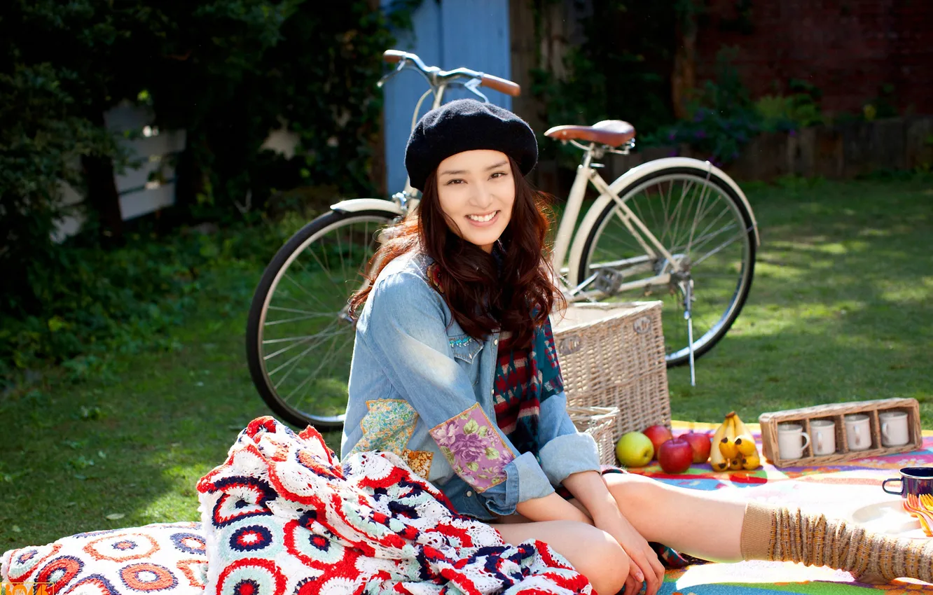 Photo wallpaper look, girl, bike, smile, apples, bananas, blanket, red
