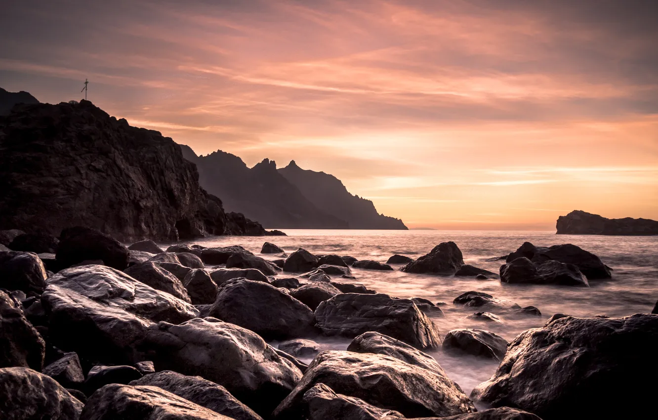 Photo wallpaper sea, sunset, stones, rocks, cross