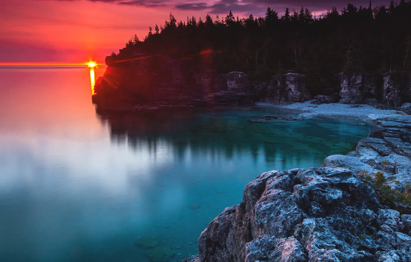 Photo wallpaper forest, lake, rocks, coast, the evening, Canada, Ontario, Bruce Peninsula National Park