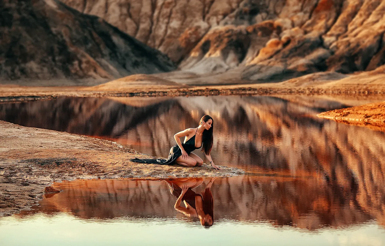 Photo wallpaper girl, pose, lake, reflection, river, dress, Dmitry Arhar, Dmitry Arhar
