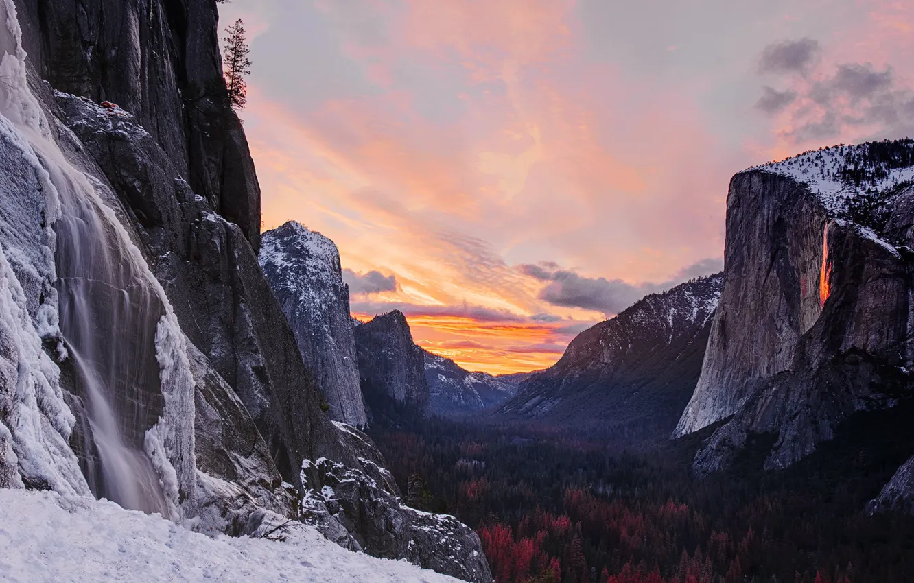 Photo wallpaper Fire, Sunset, Ice, Yosemite Park