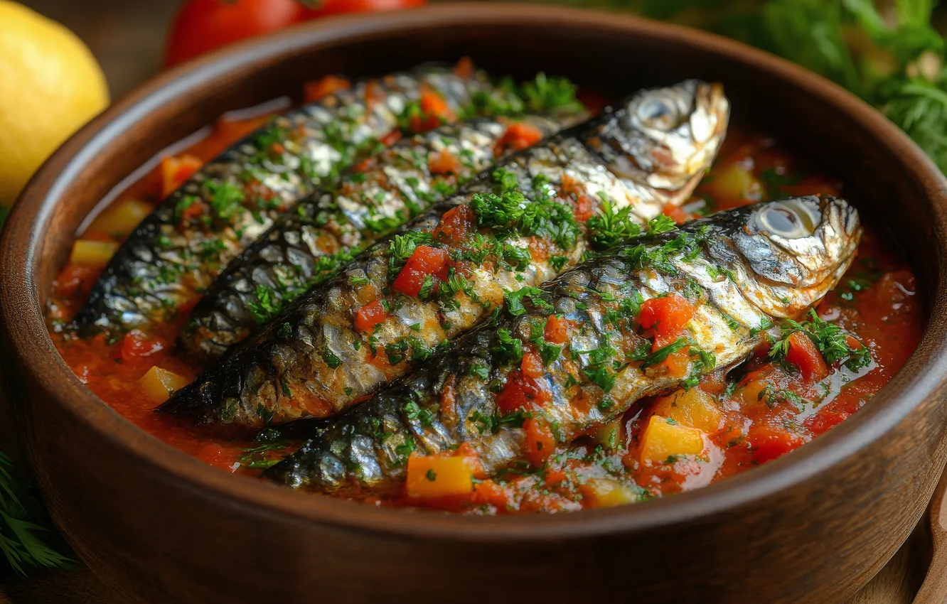 Photo wallpaper greens, table, food, fish, bowl, vegetables, dish, stew