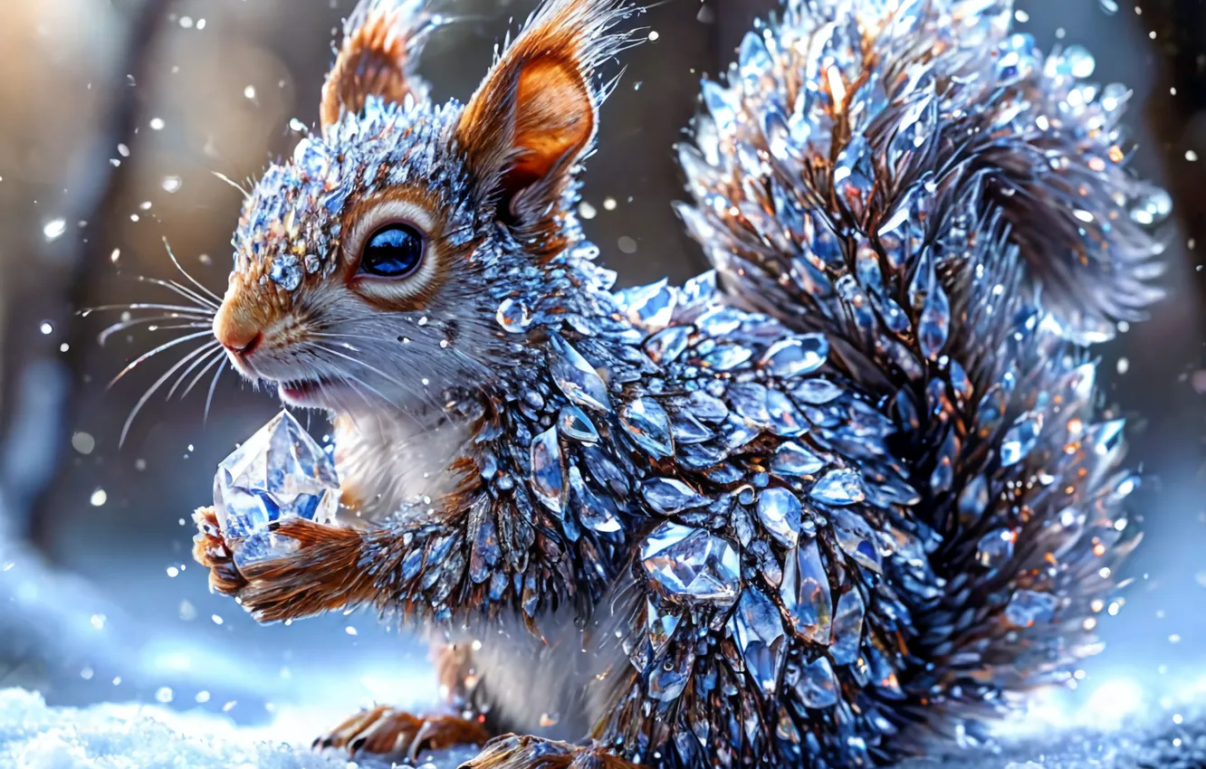 Photo wallpaper winter, animal, protein, art, diamonds, squirrel, AI ART