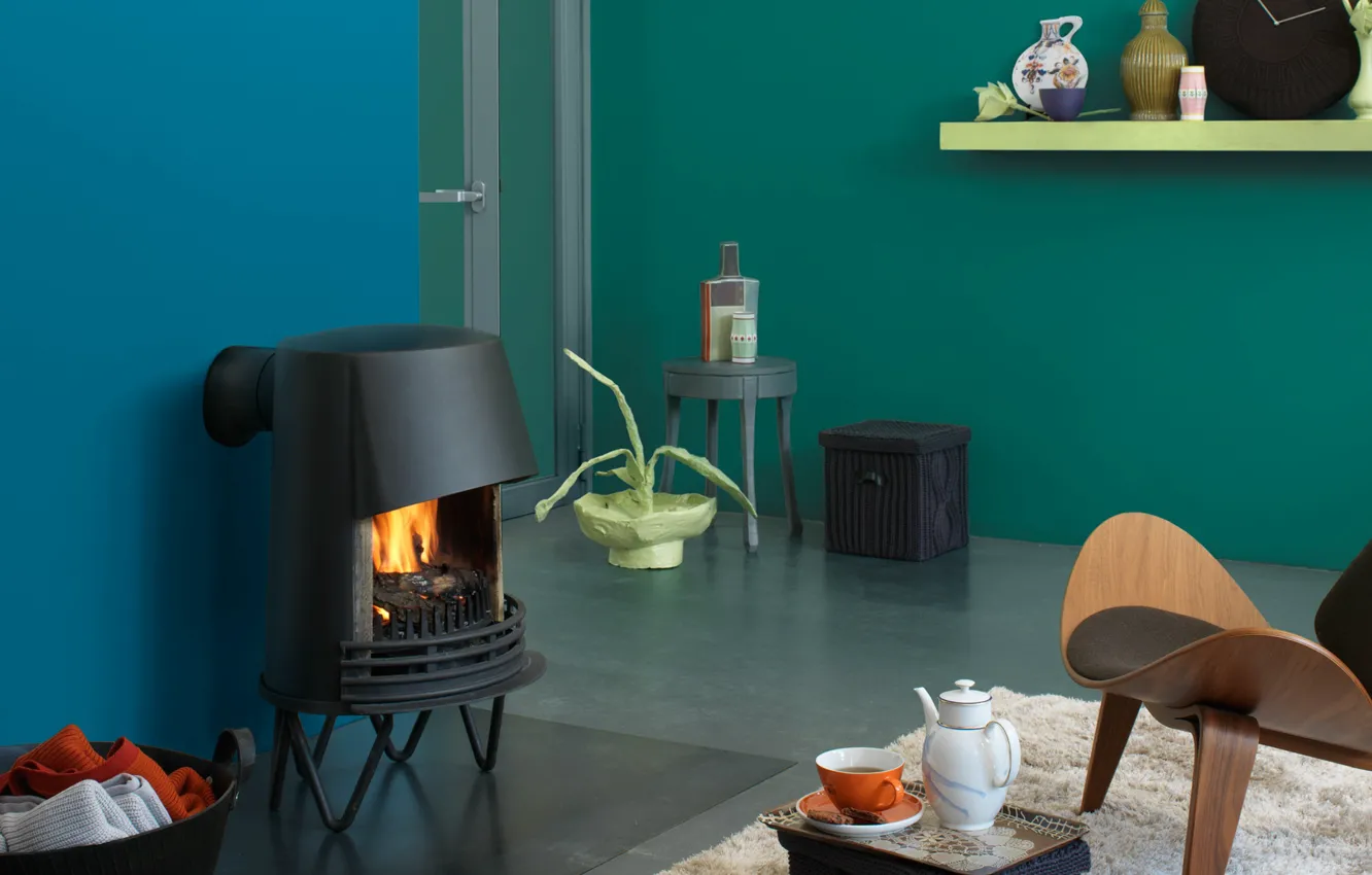 Photo wallpaper design, style, interior, minimalism, chair, fireplace, living room, The combination of colors