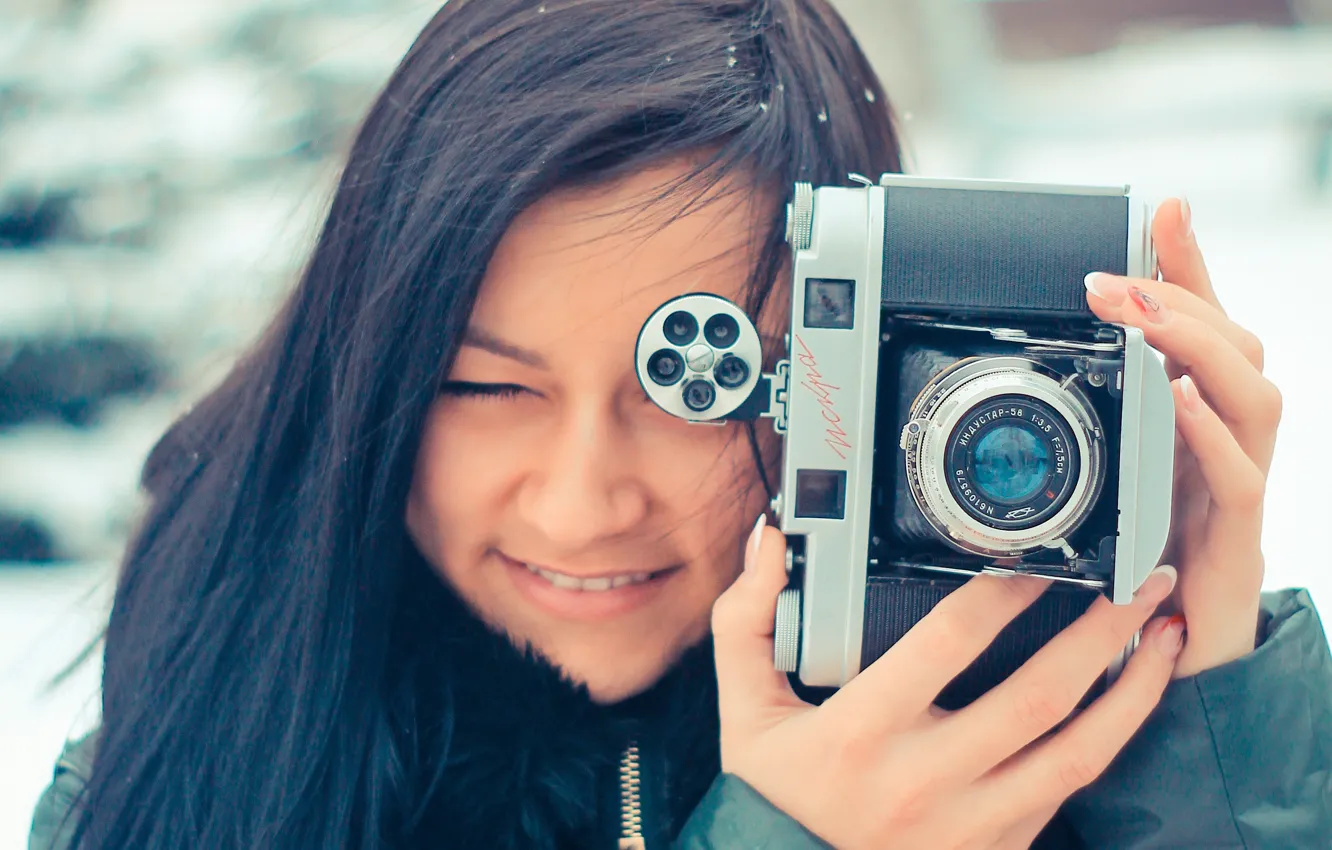 Photo wallpaper smile, Iskra, Girl with a camera