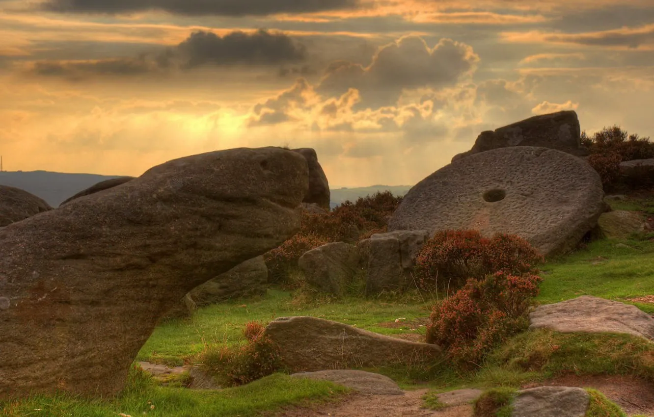 Photo wallpaper clouds, sunset, stones