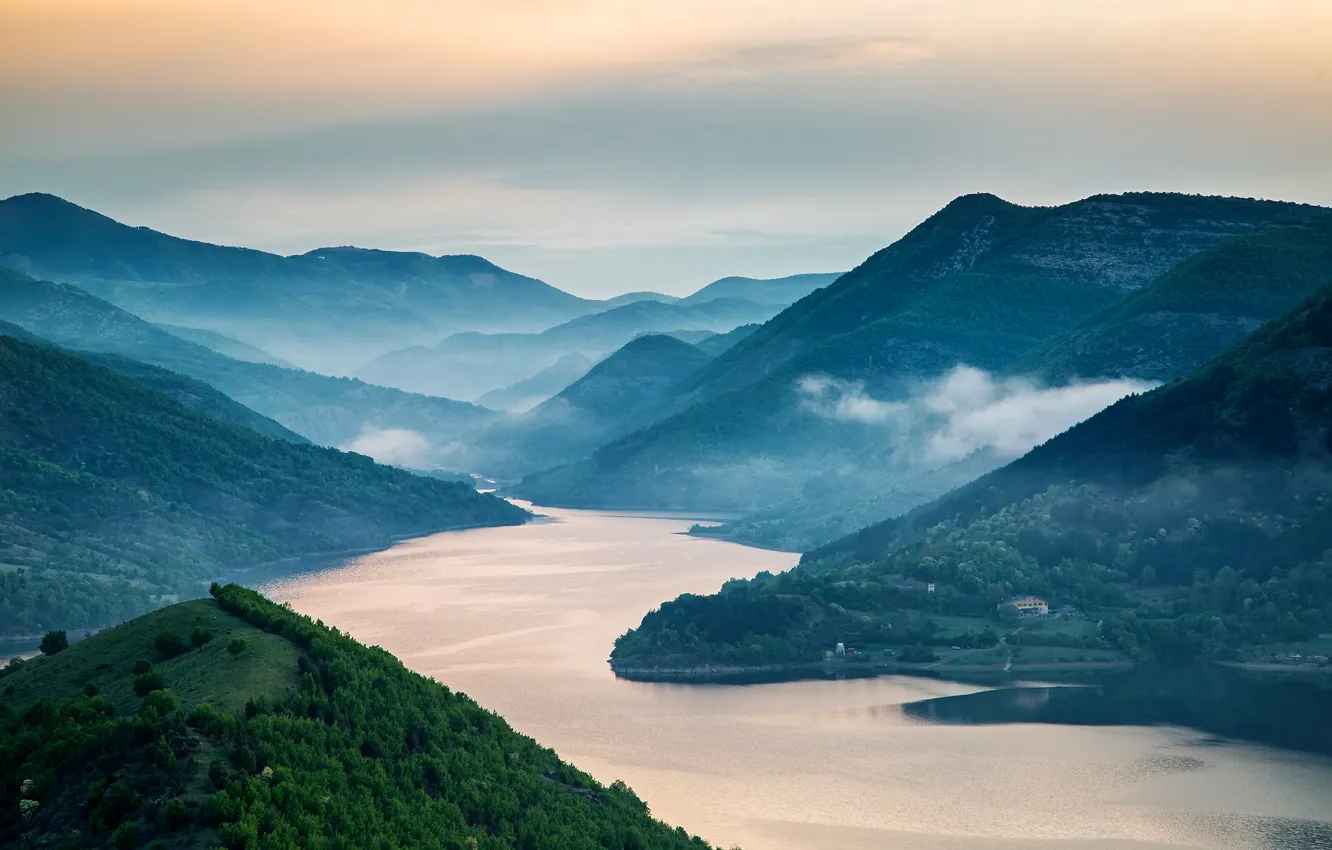 Photo wallpaper forest, clouds, mountains, river, dawn, valley, Kardzhali dam