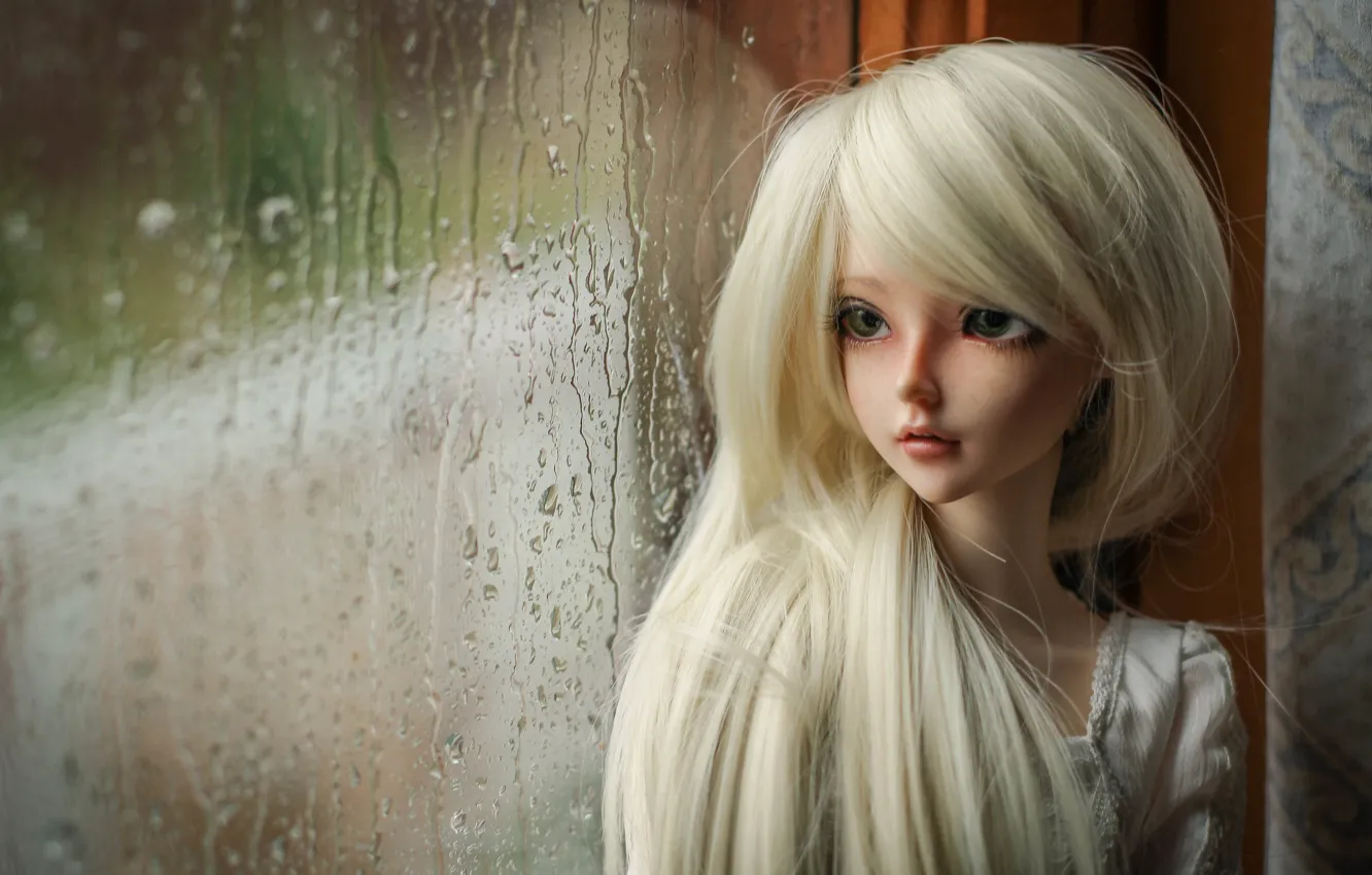 Photo wallpaper rain, doll, window, blonde
