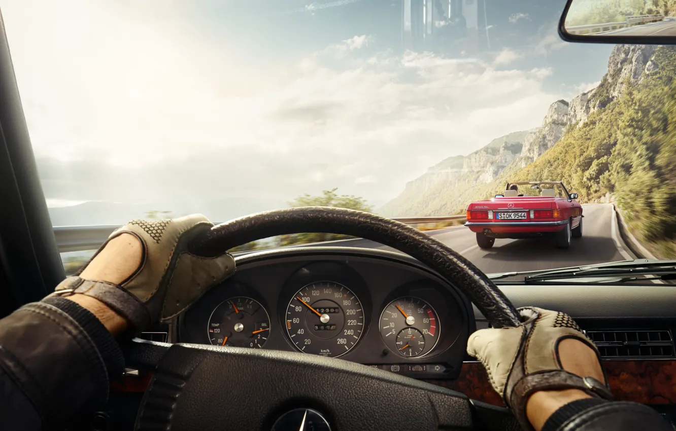 Photo wallpaper Mercedes-Benz, Salon, Hands, The wheel, Classic cars, Classic cars, Time-machine