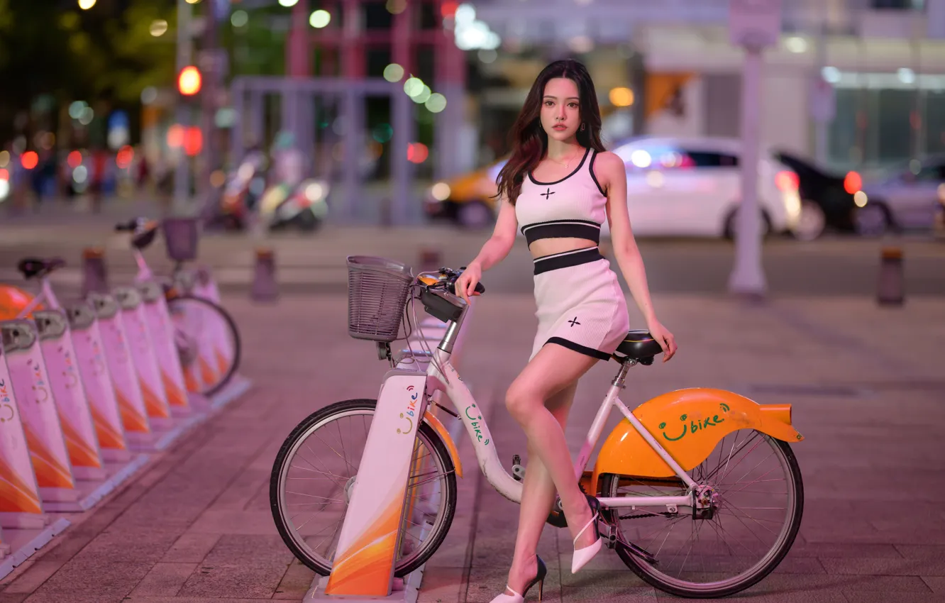Photo wallpaper road, machine, bike, lights, model, skirt, portrait, the evening
