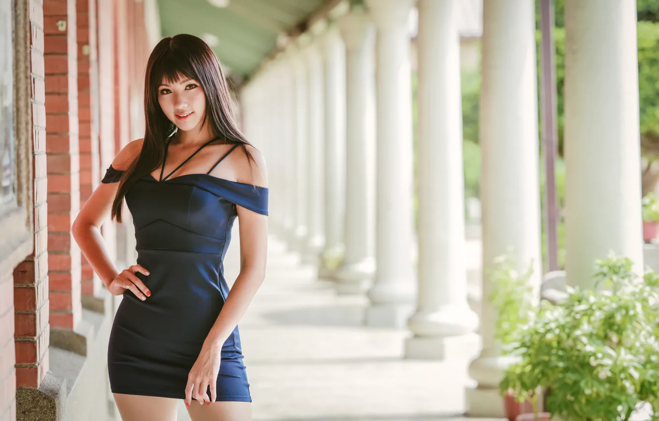 Photo wallpaper look, pose, model, building, portrait, makeup, garden, figure