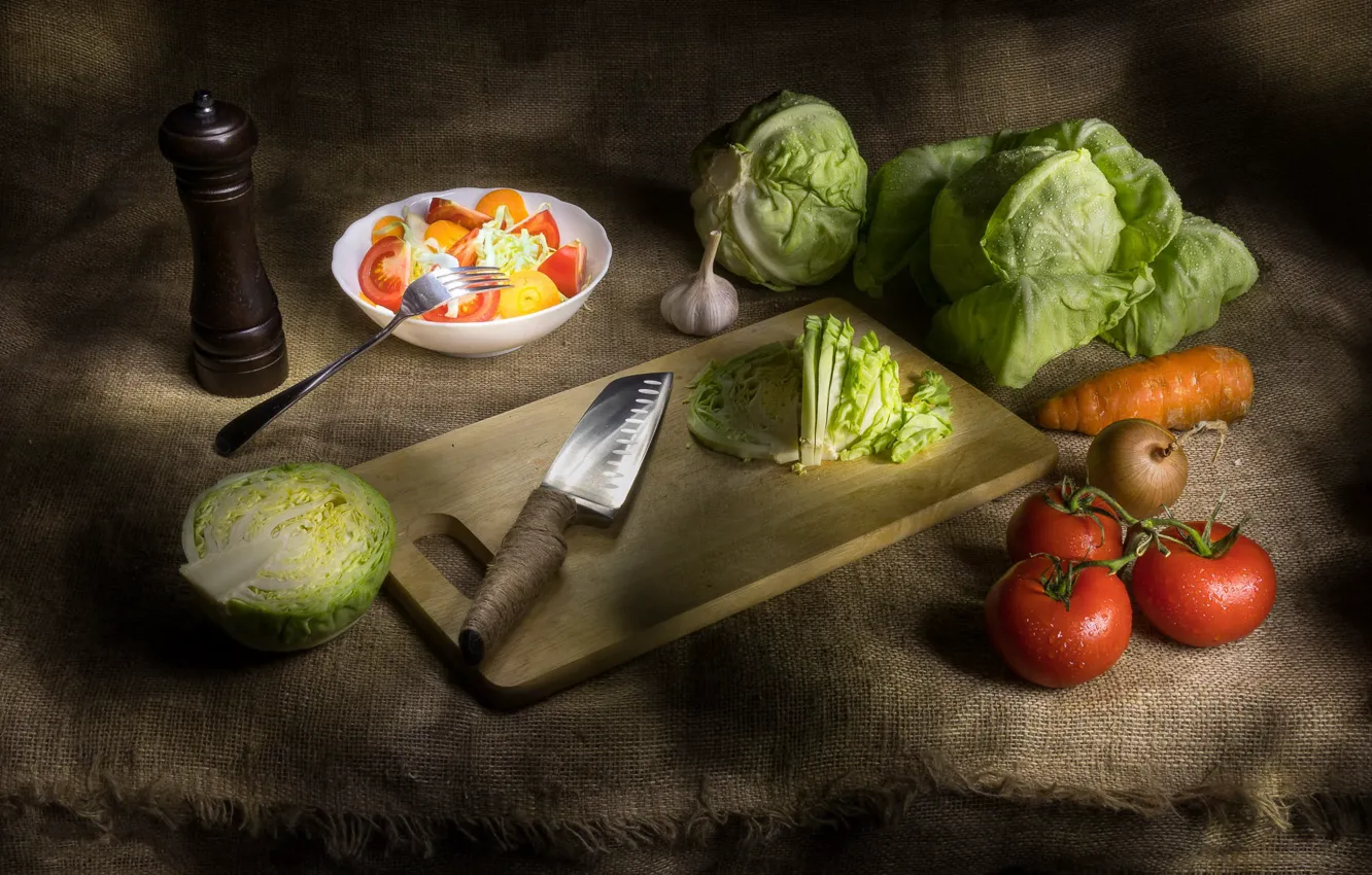 Photo wallpaper still life, vegetables, cabbage, salad