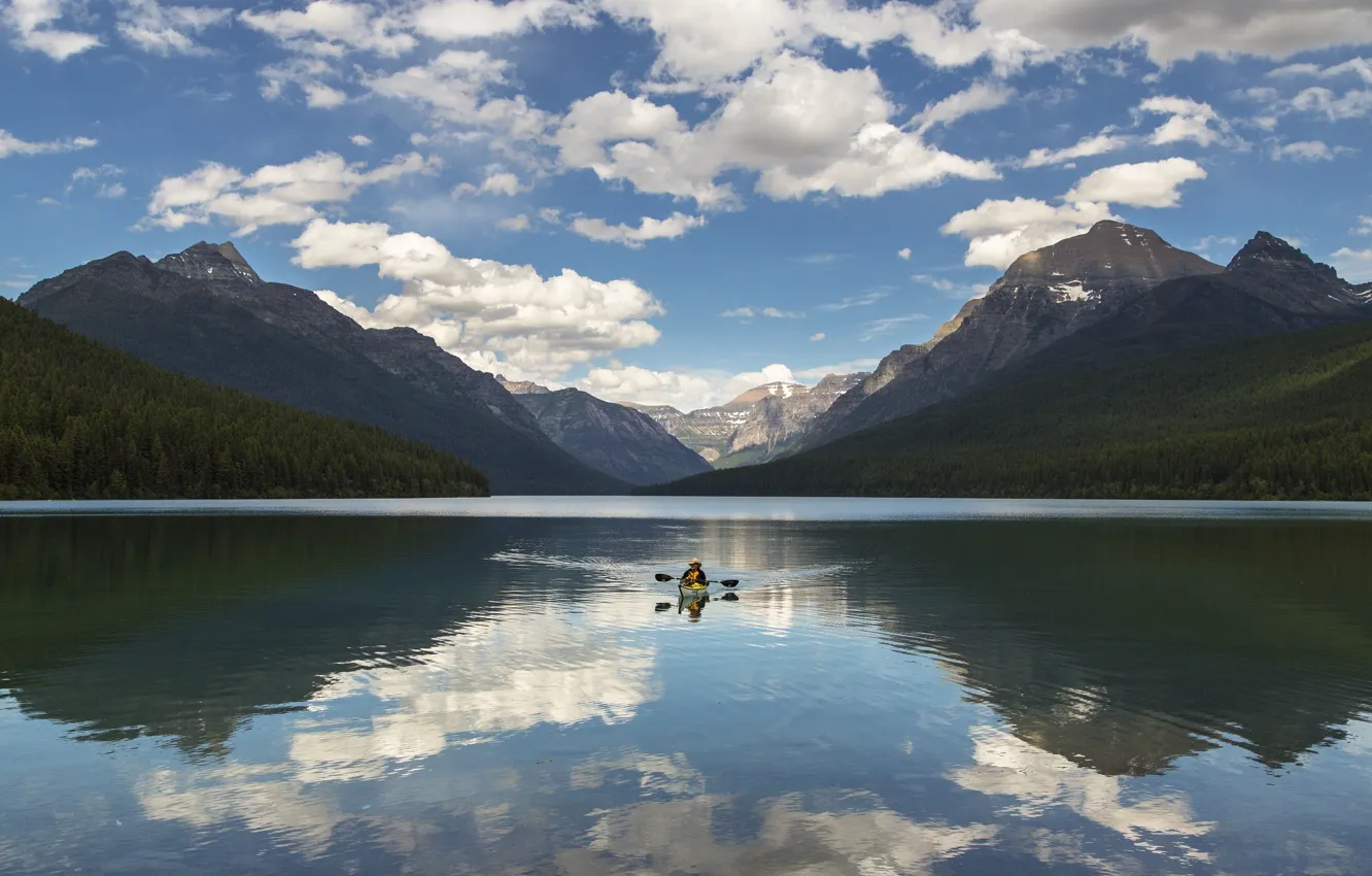 Photo wallpaper forest, clouds, trees, mountains, lake, boat, people, hat