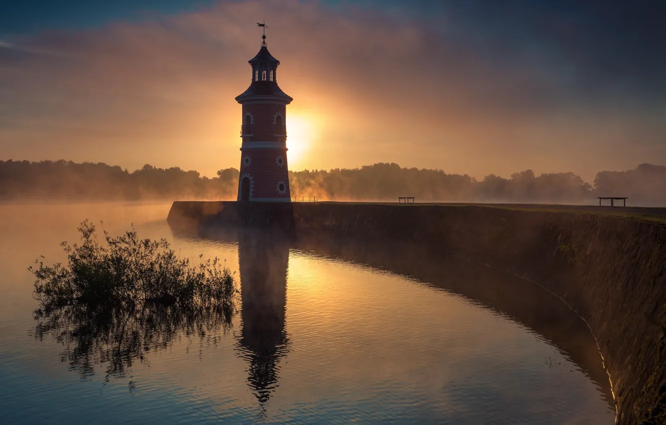 Photo wallpaper fog, river, tower, morning