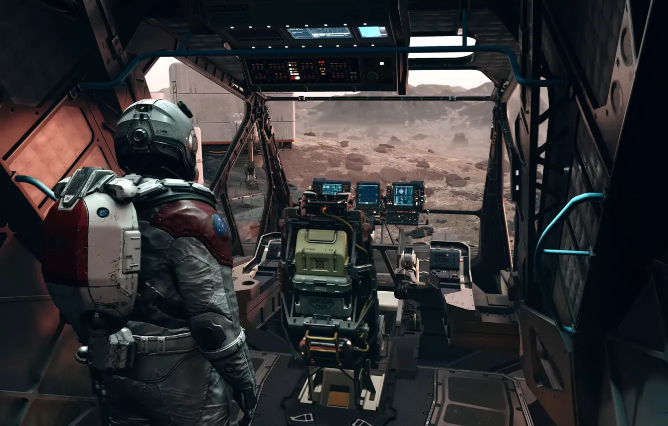 Photo wallpaper desert, people, ship, planet, chair, the suit, cabin, Starfield