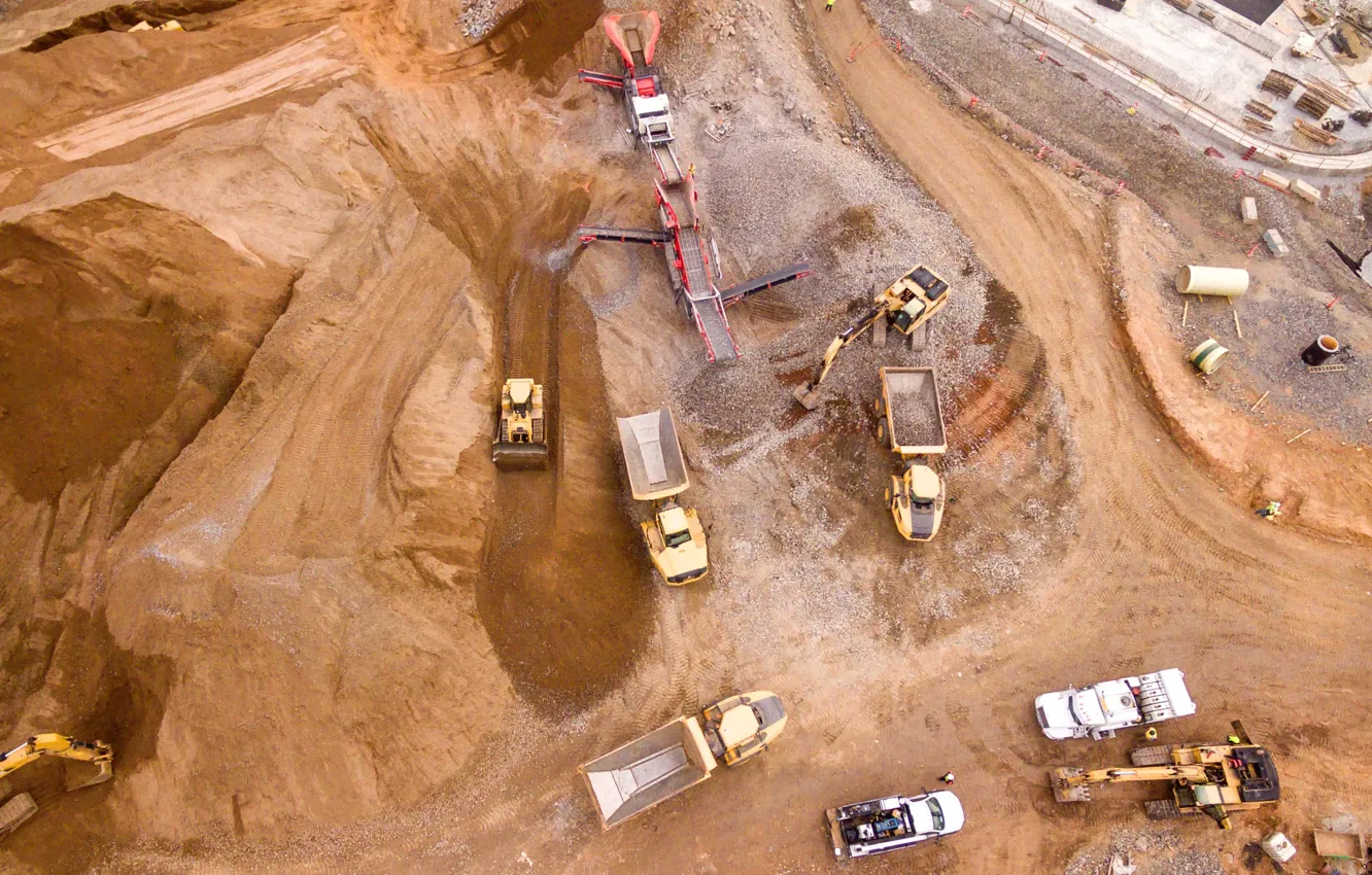Photo wallpaper trucks, working, excavator, Dump Truck, Birds Eye View, Shane Mclendon