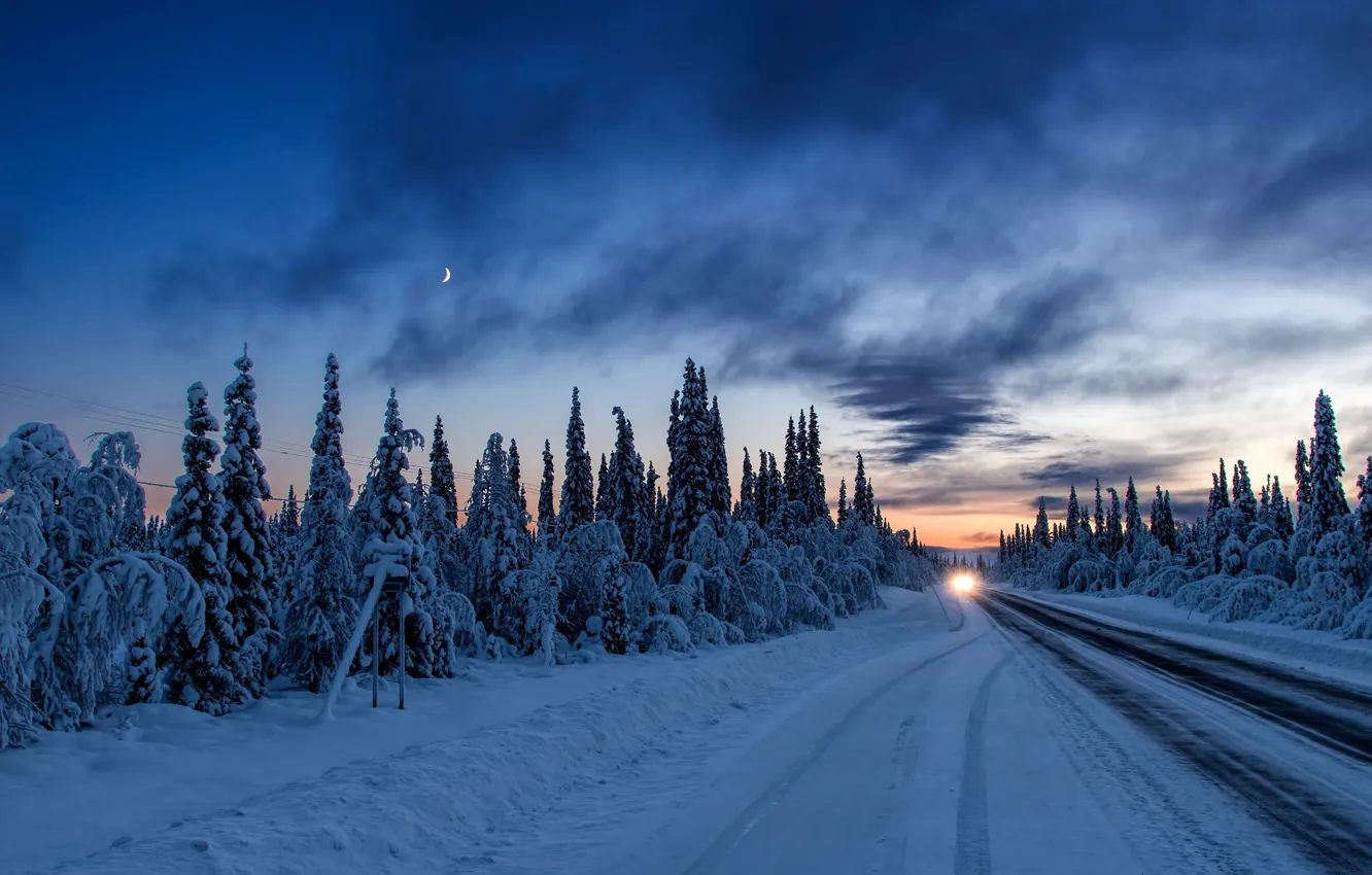 Photo wallpaper winter, road, machine, forest, light, snow, sunset, the evening