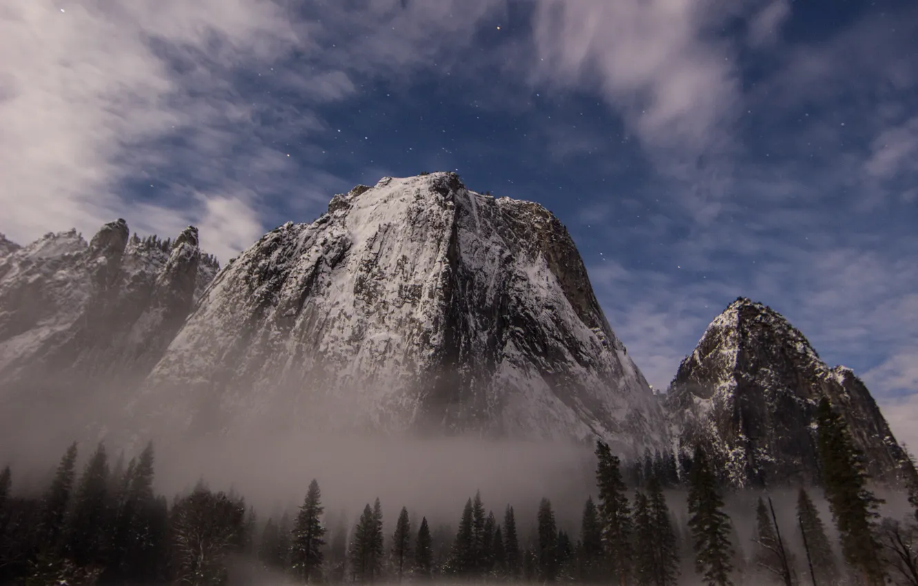 Photo wallpaper forest, the sky, stars, snow, mountains, haze, USA, national Park
