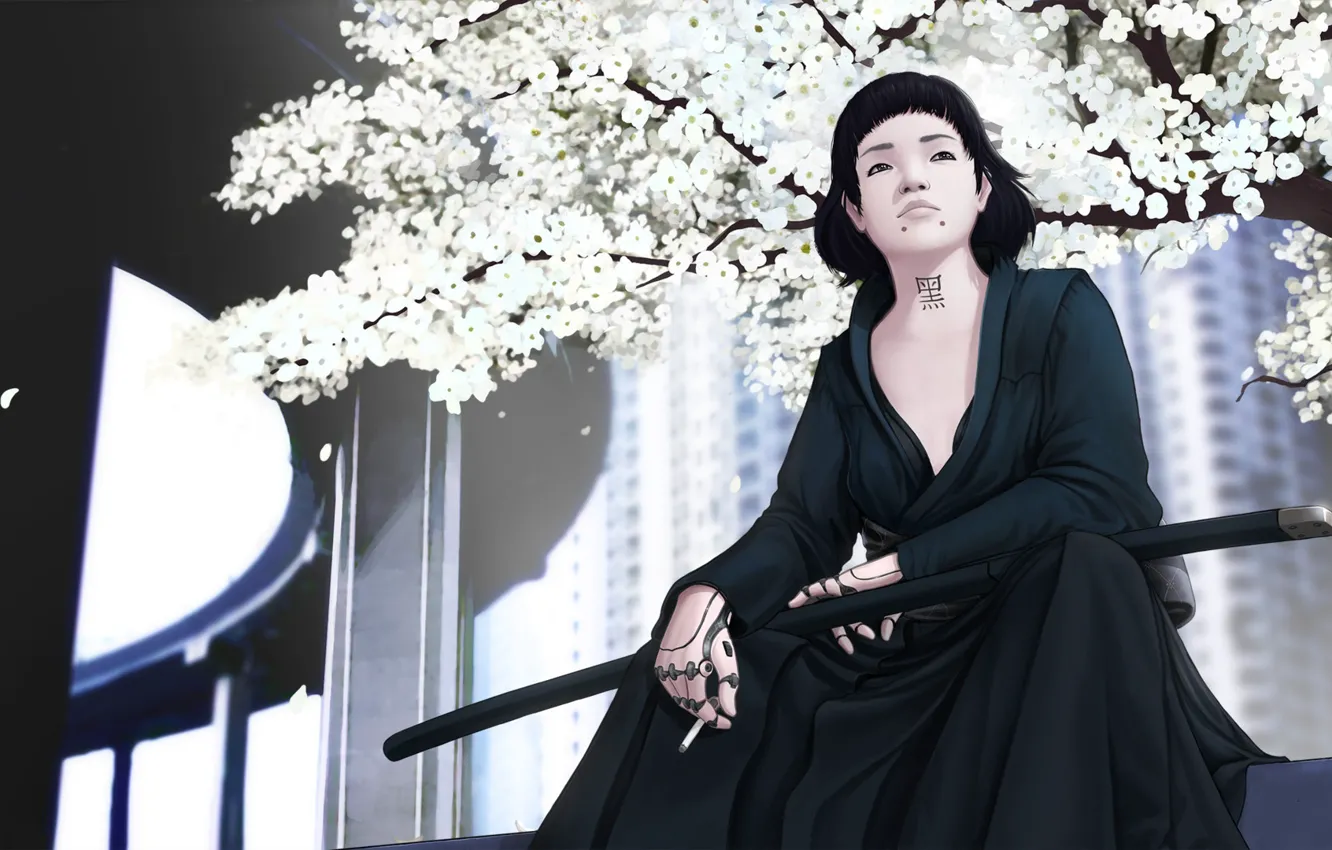 Photo wallpaper girl, trees, style, fiction, Japanese, robot, katana, Japan