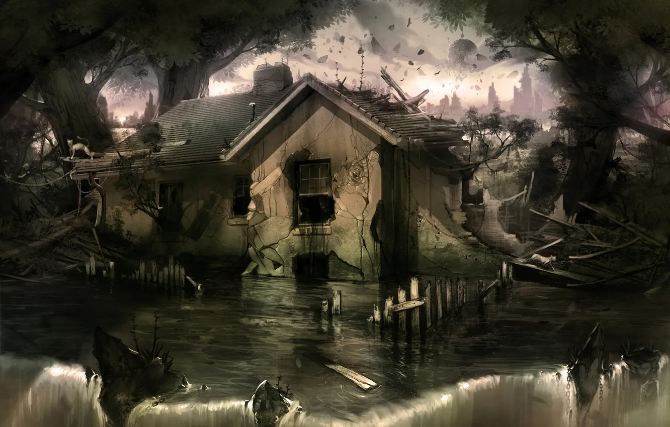 Photo wallpaper water, house, stones, waterfall, art, the flood, ruins, gloomy