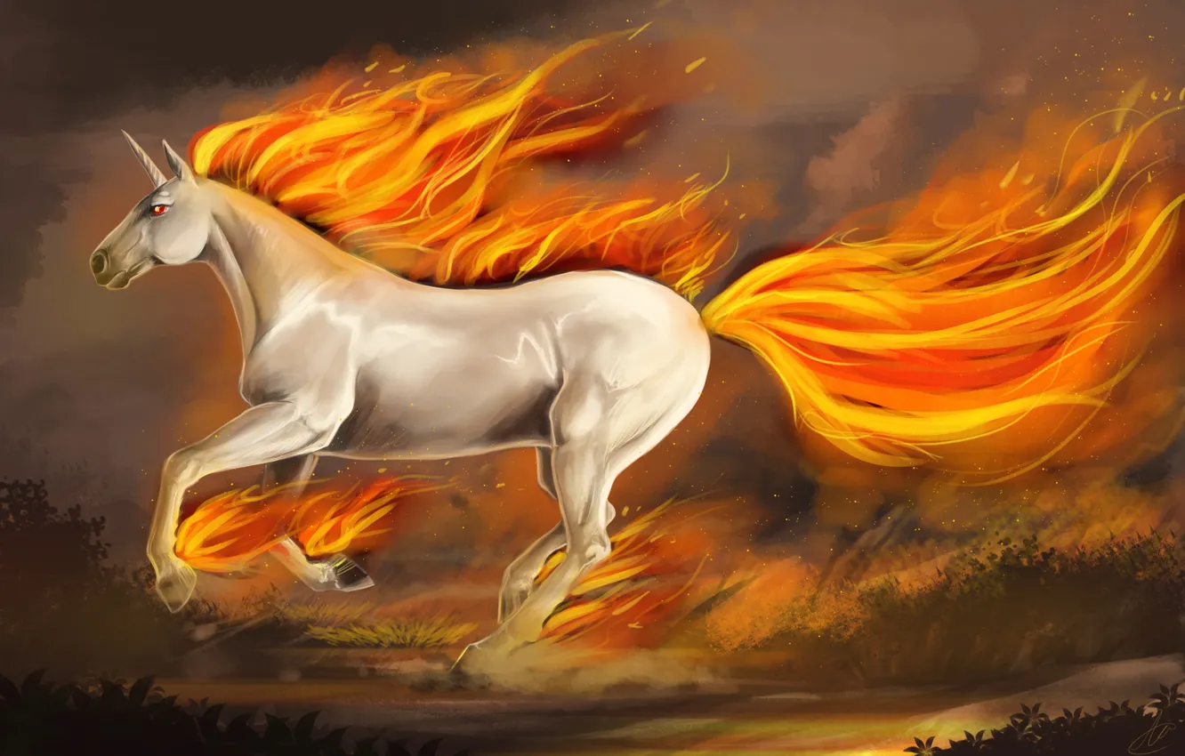 Photo wallpaper lights, fiction, horse, art, unicorn, jump, hooves, fire