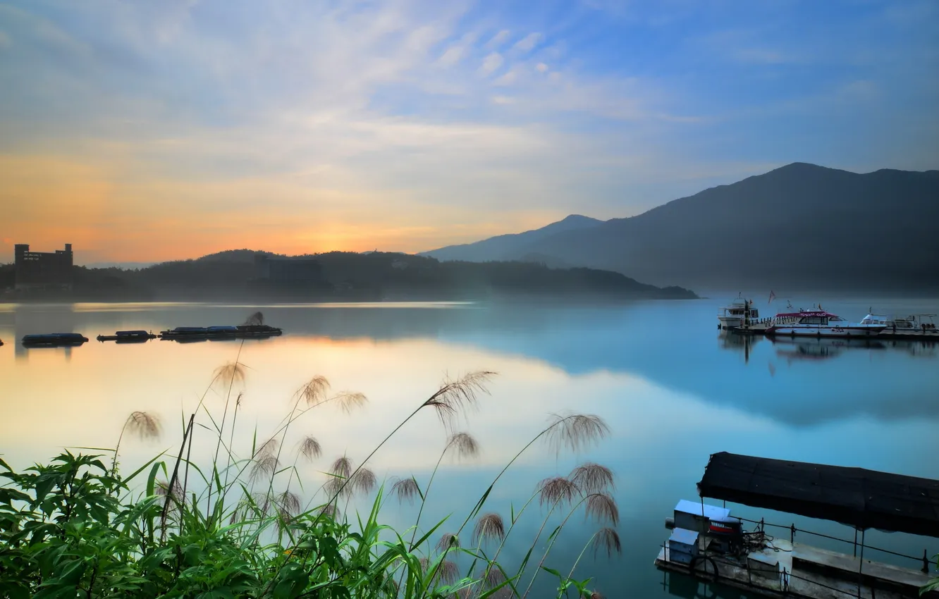 Photo wallpaper landscape, sunset, lake, ship