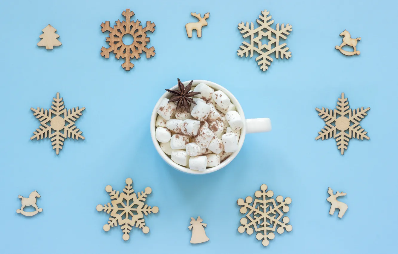 Photo wallpaper snowflakes, holiday, Cup, decor, cocoa, marshmallows