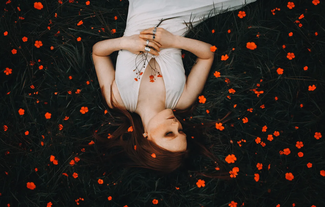 Photo wallpaper girl, flowers, mood, red, redhead