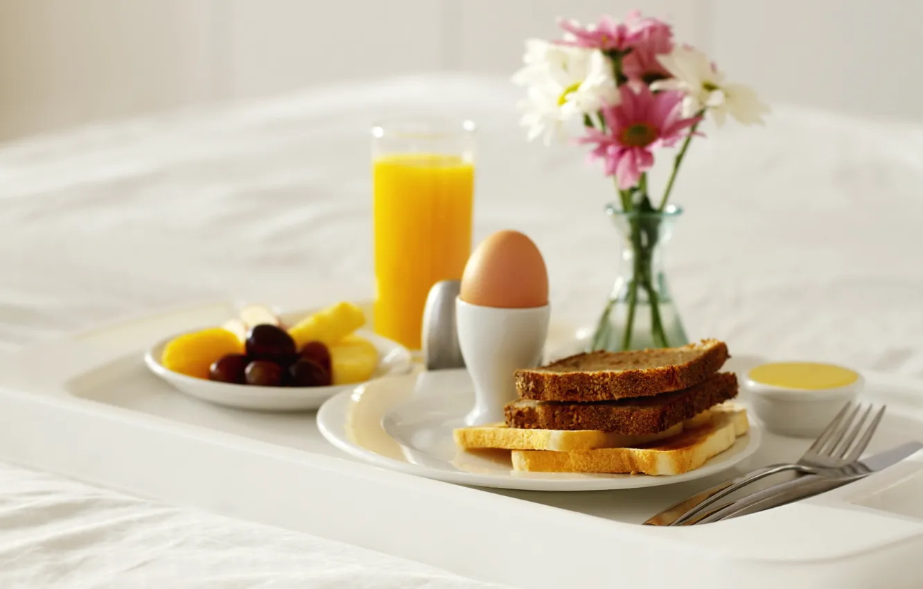 Photo wallpaper flowers, food, eggs, Breakfast, juice, bread, vase, sweet