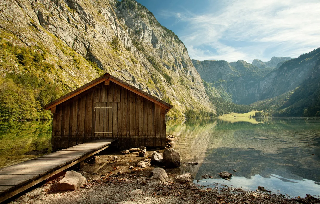 Photo wallpaper water, mountains, lake, House of wood, Quiet