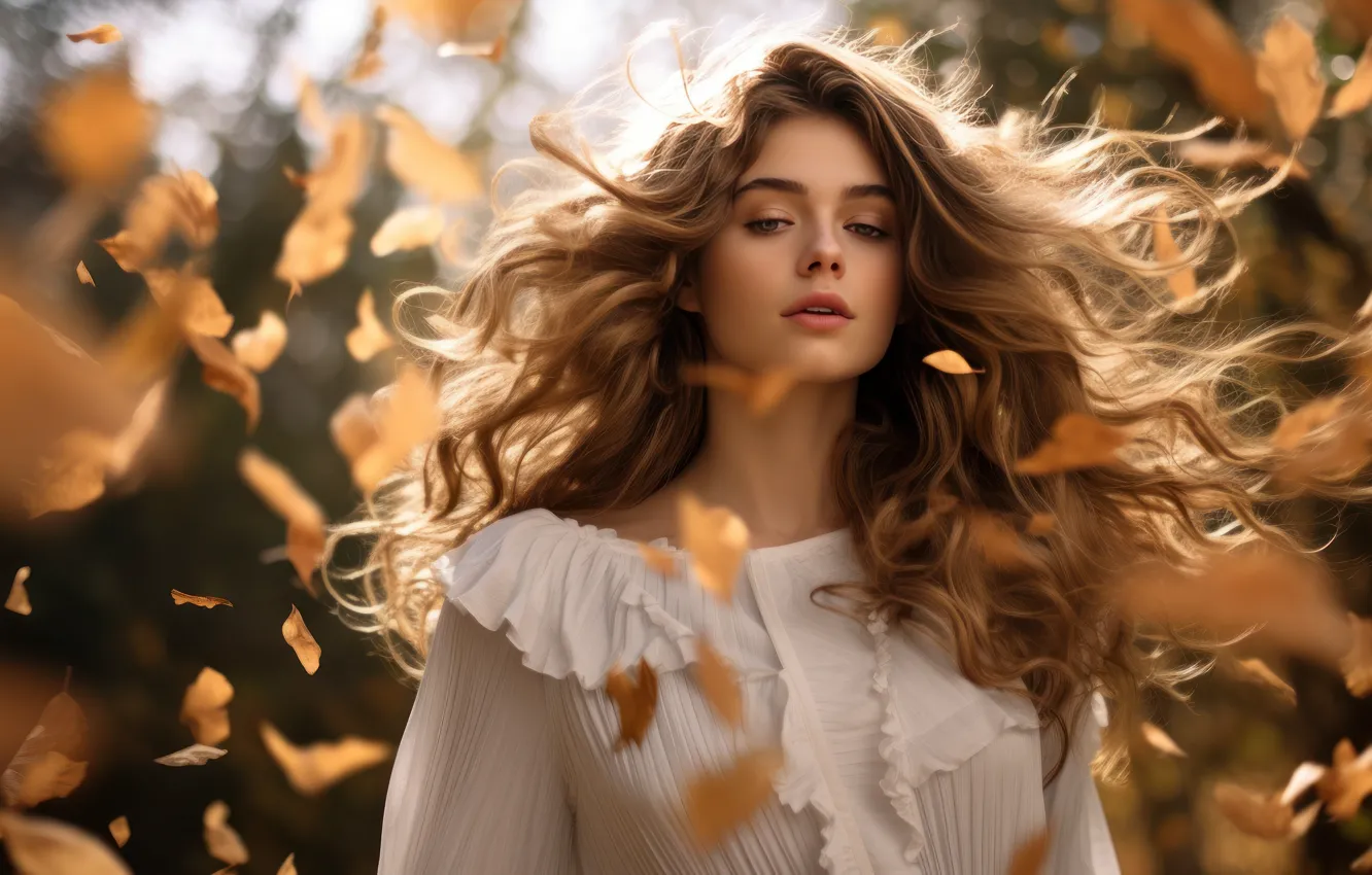 Photo wallpaper autumn, look, girl, nature, face, Park, the wind, foliage
