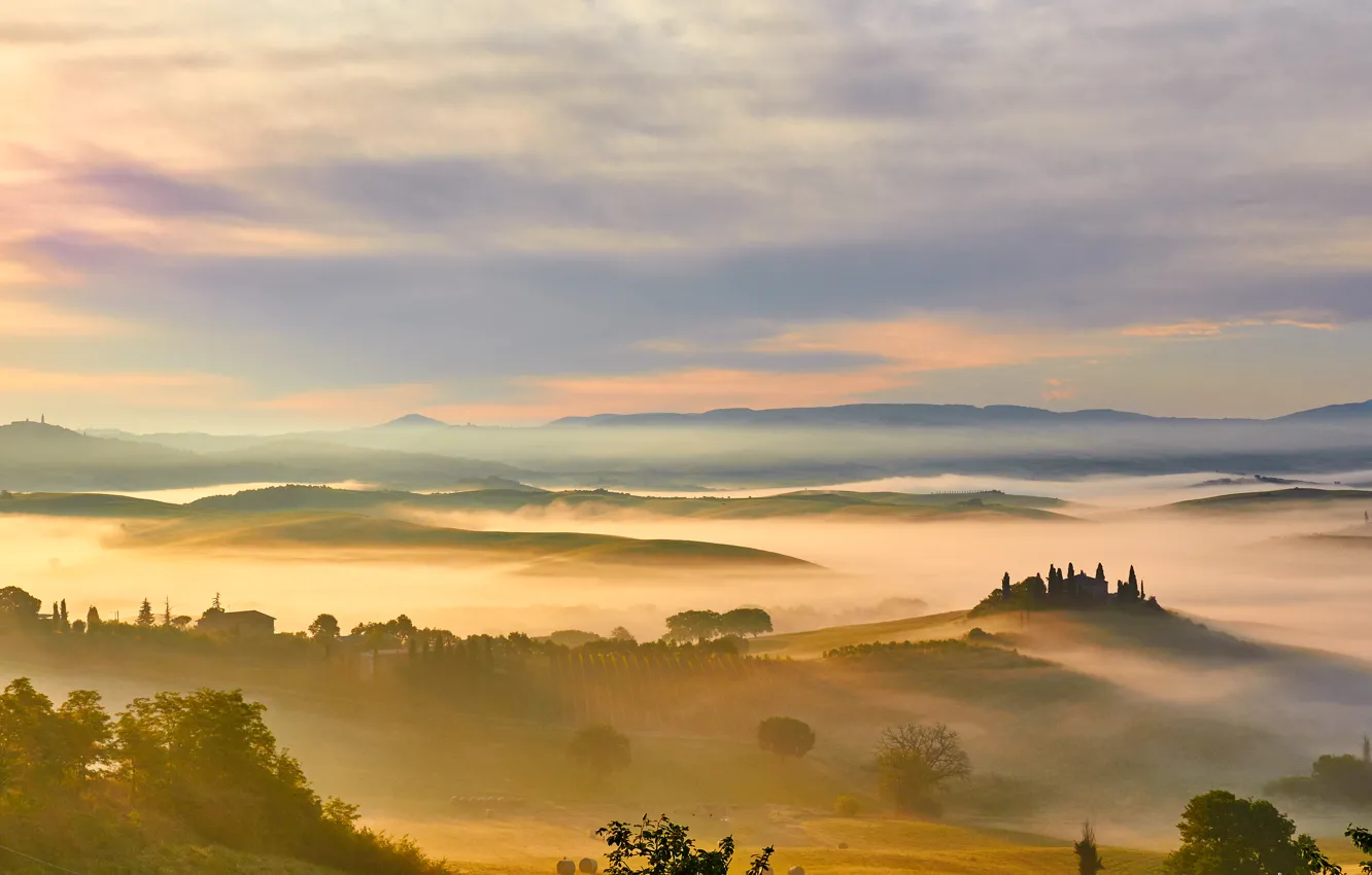 Photo wallpaper fog, dawn, field, morning, Italy, meadows, Tuscany, Toscana