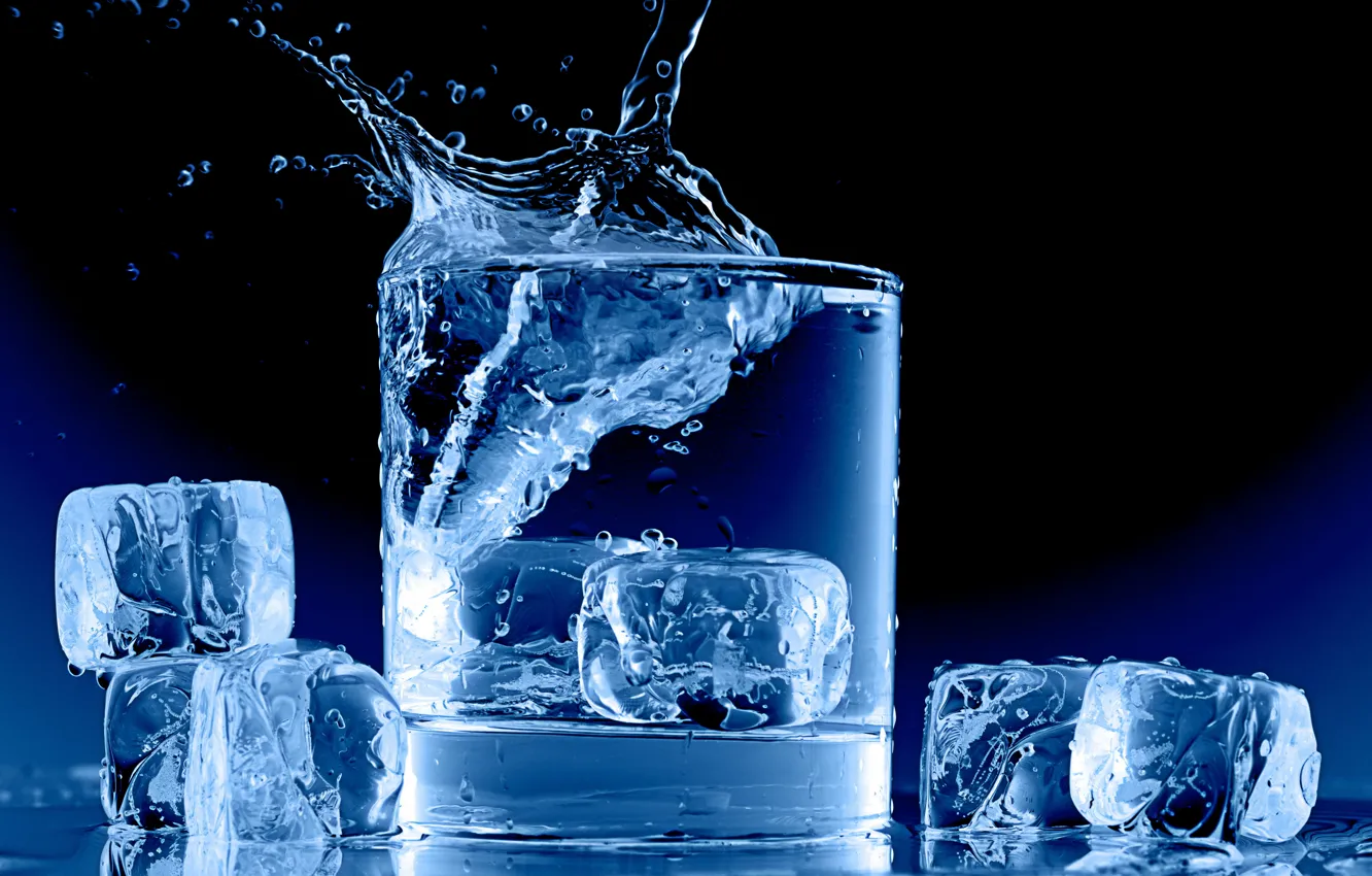 Photo wallpaper ice, water, glass, splash, ice cubes