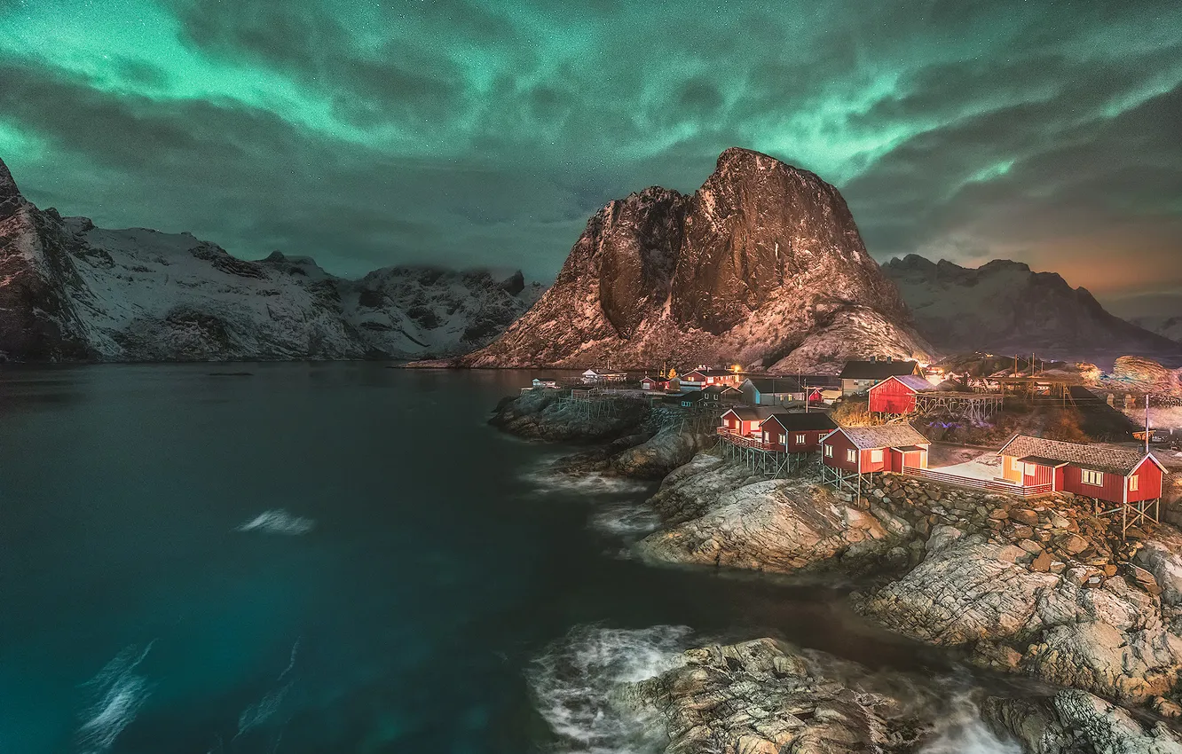 Photo wallpaper mountains, shore, Norway, house, pond, Lofoten