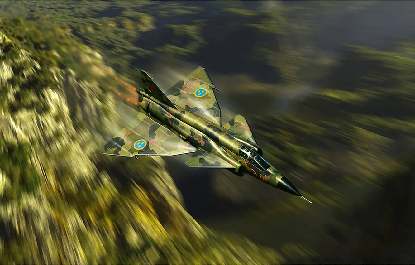 Photo wallpaper The plane, Flight, Fighter, Picture, Sweden, Art, Swedish air force, Peter Van Stigt
