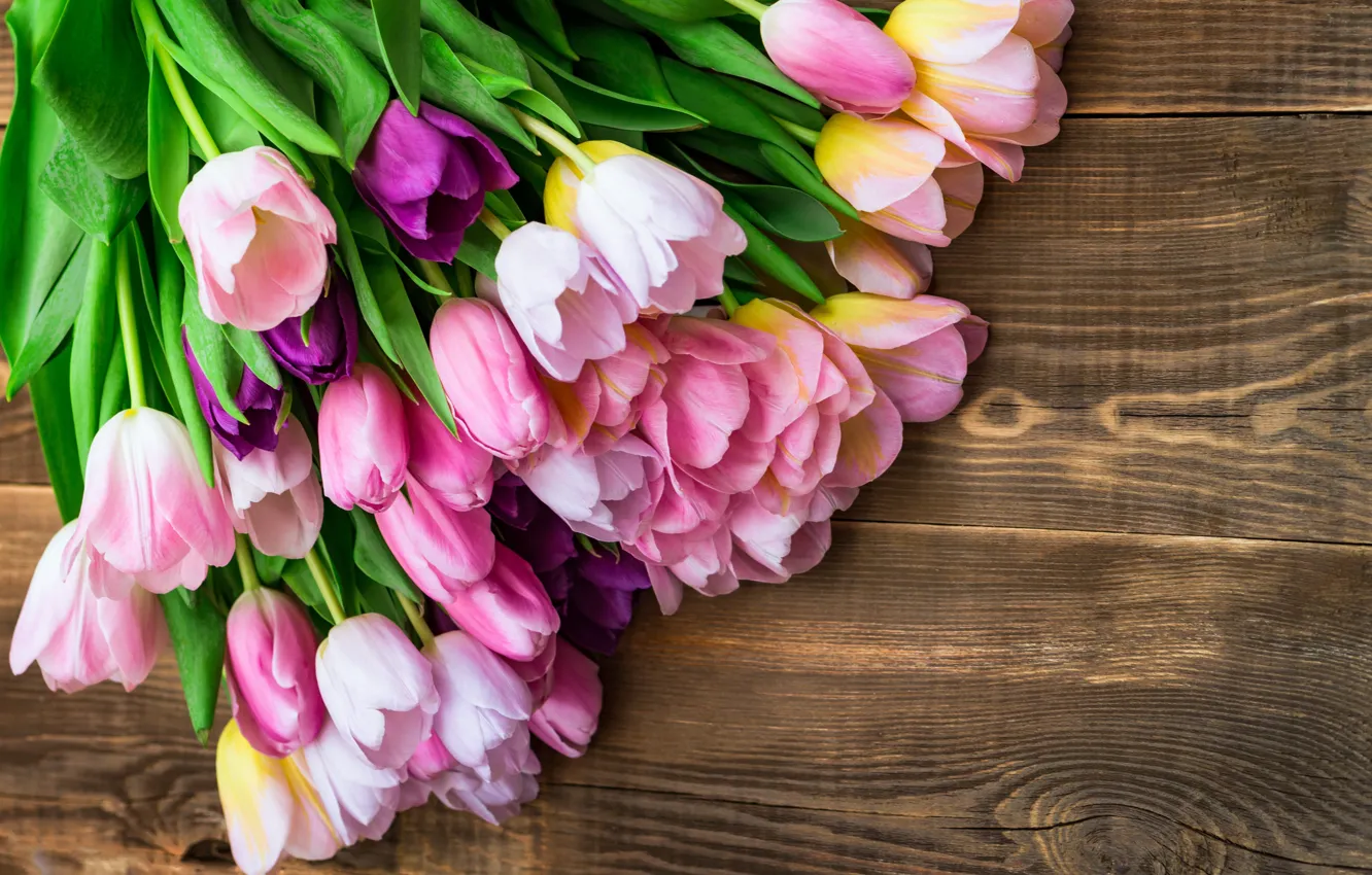 Photo wallpaper flowers, bouquet, tulips, pink, wood, pink, flowers, tulips