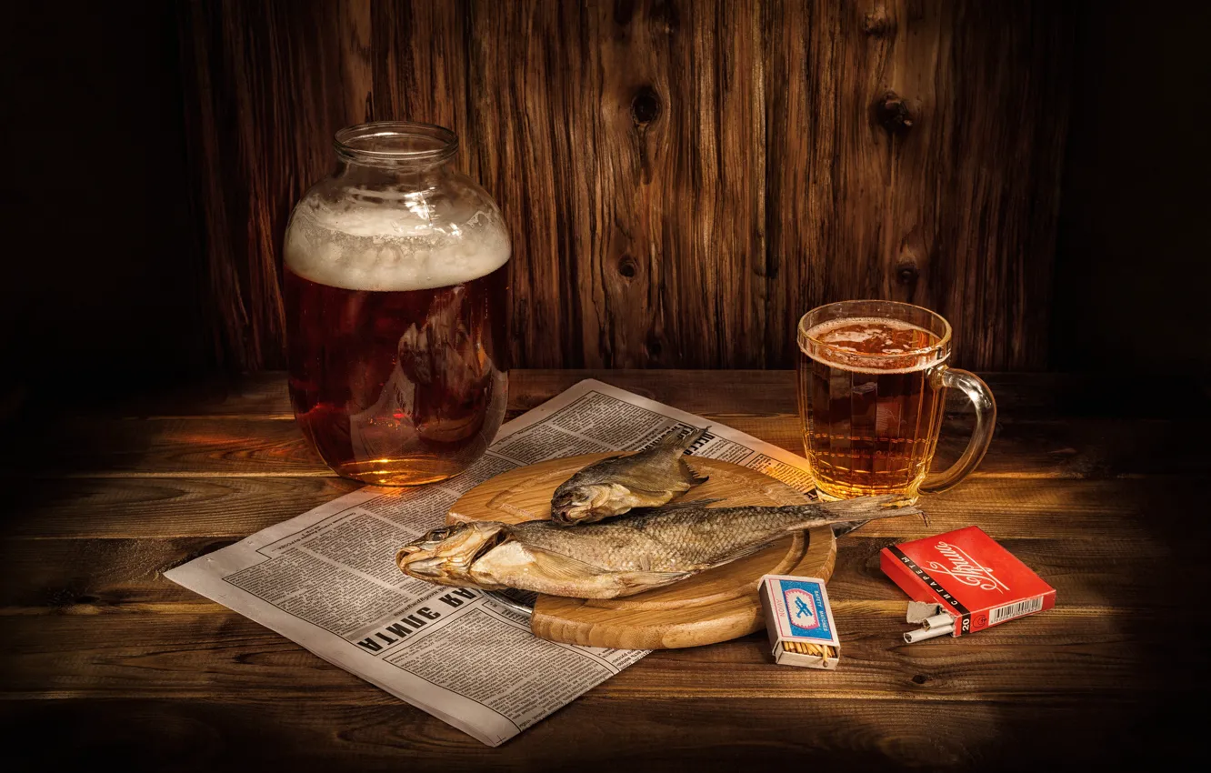 Photo wallpaper glass, beer, matches, fish, mug, newspaper, Bank, still life