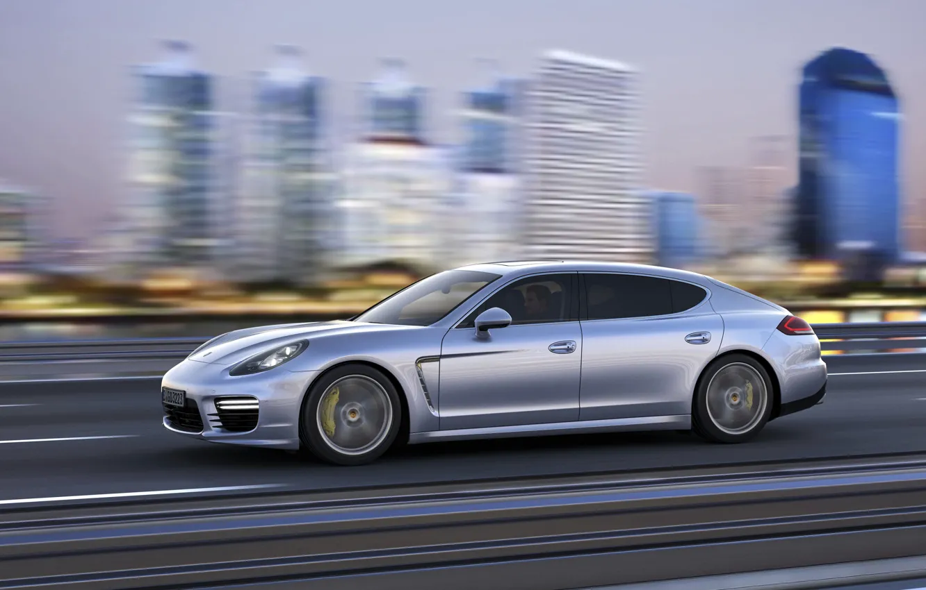 Photo wallpaper Auto, The city, Porsche, Machine, Grey, Panamera, Sedan, Side view