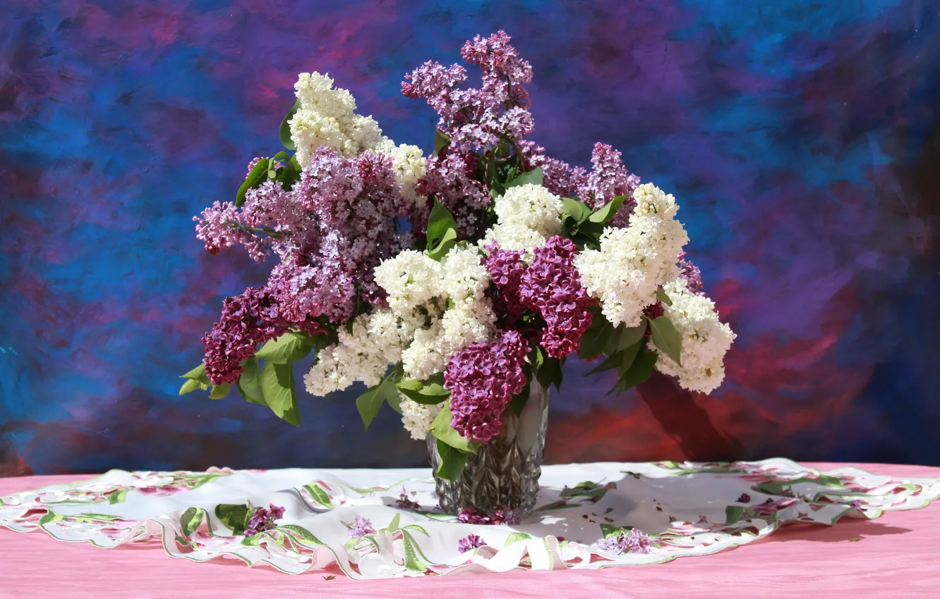 Photo wallpaper white, light, flowers, branches, glass, table, background, bouquet