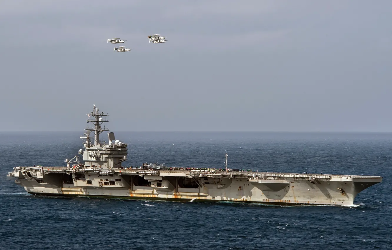 Photo wallpaper weapons, army, navy, USS Ronald Reagan (CVN 76), Four E-2C Hawkeyes