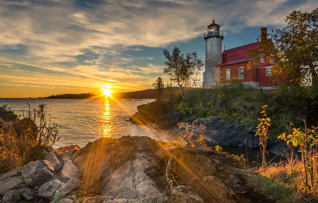 Photo wallpaper dawn, lighthouse, morning, Michigan