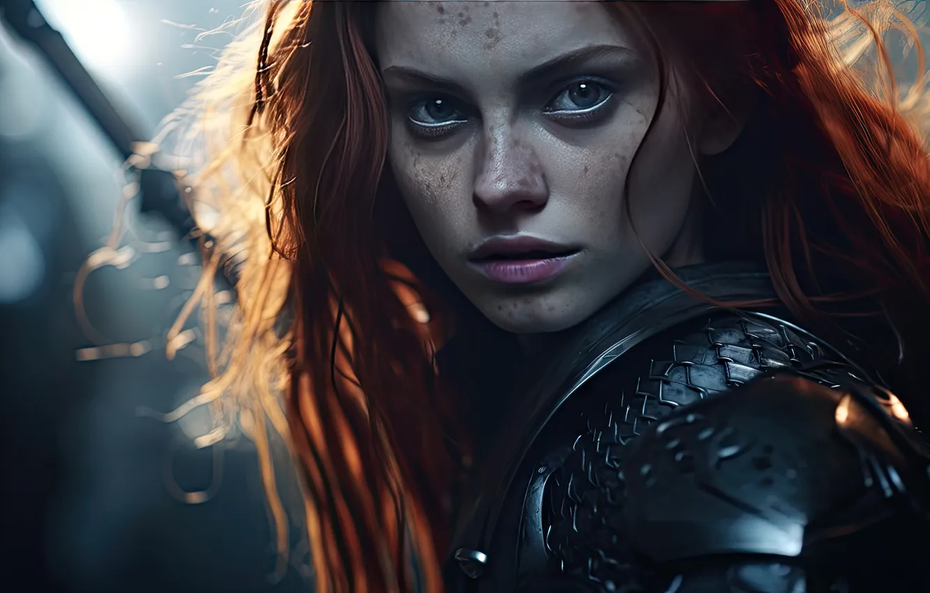Photo wallpaper look, girl, light, face, portrait, sword, armor, fantasy