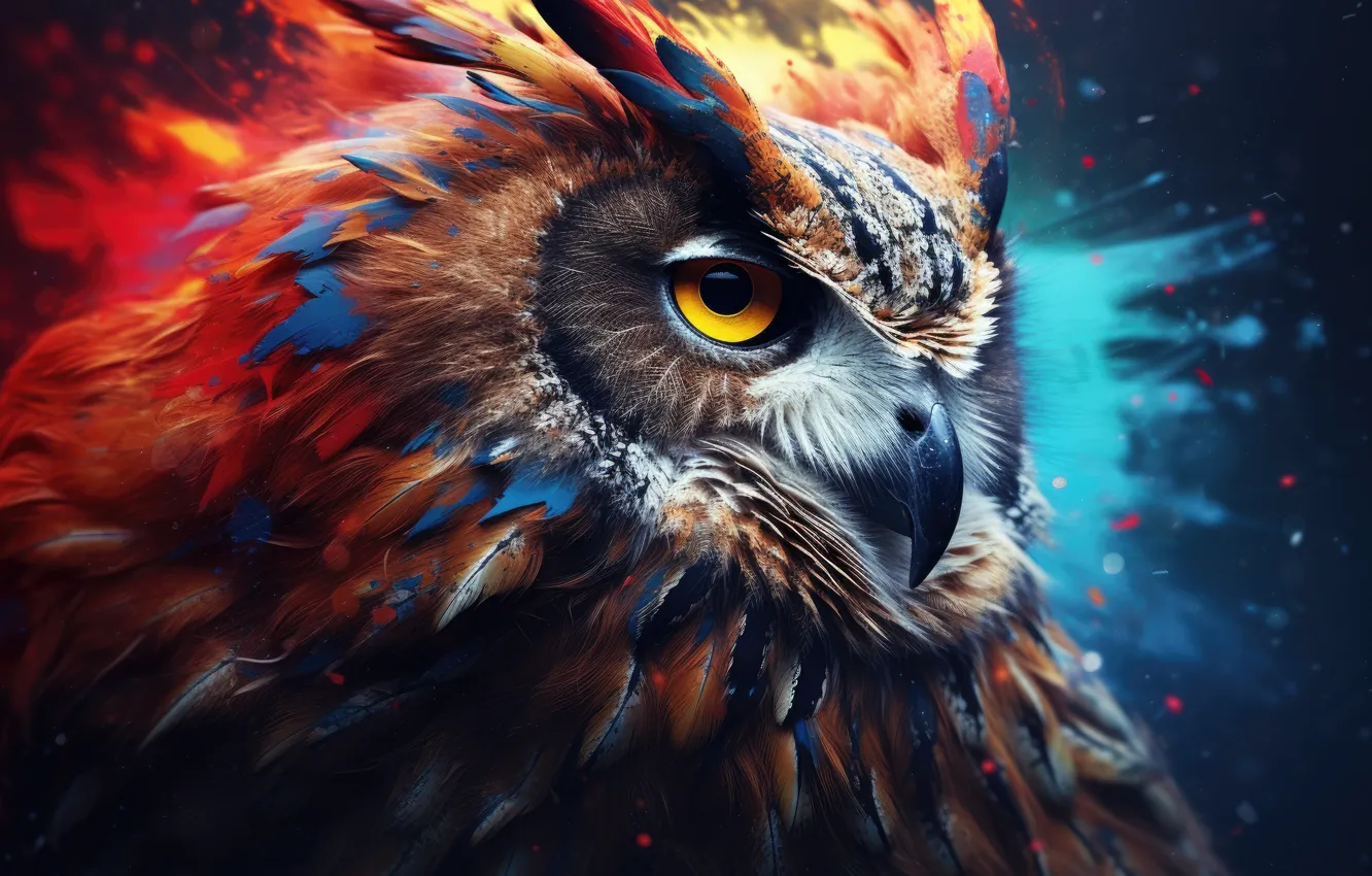 Photo wallpaper look, owl, bird, paint, portrait, bright colors, blue background, owl