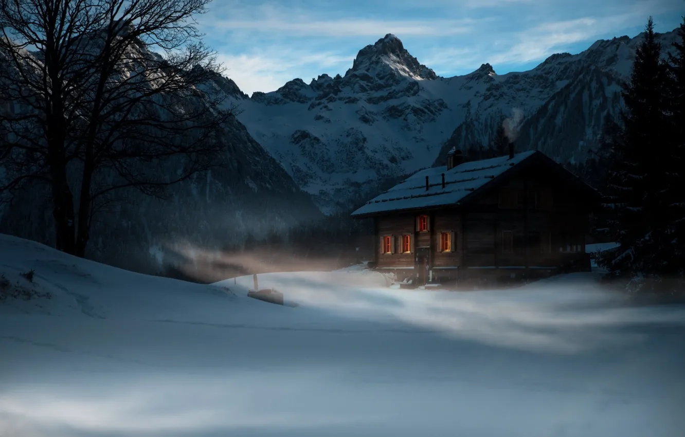 Photo wallpaper house, twilight, trees, landscape, nature, winter, mountains, snow