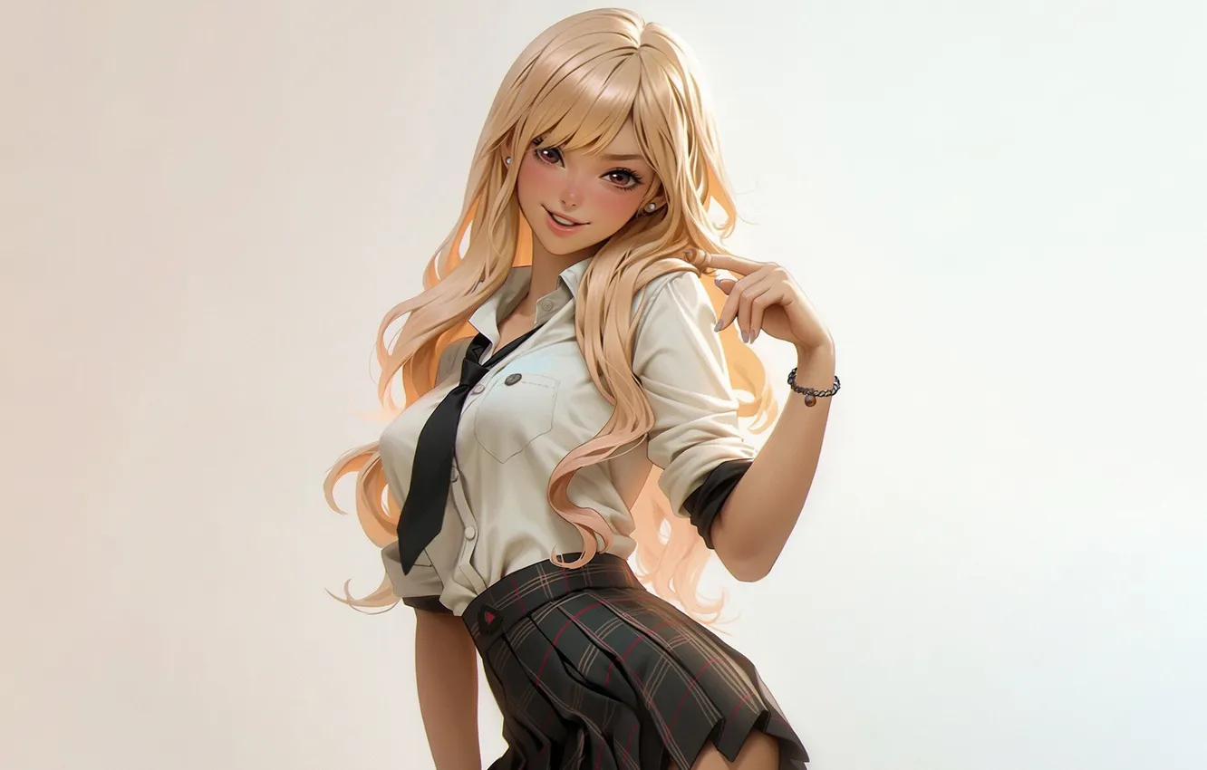 Photo wallpaper school uniform, long hair, blonde, anime girls, tie, simple background, schoolgirl, school skirt