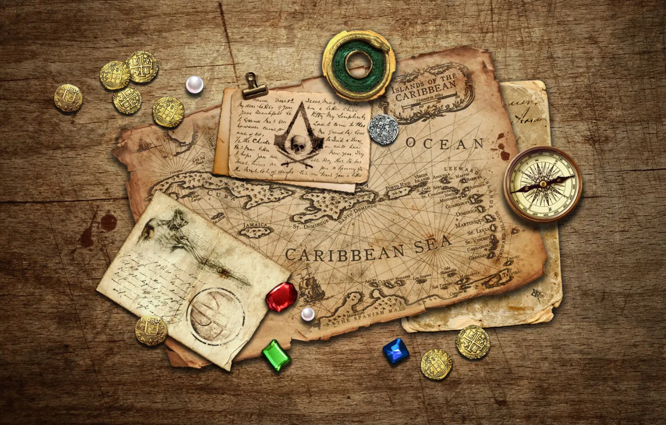 Photo wallpaper stones, table, map, coins, records, compass, Black Flag, Assassin's Creed IV