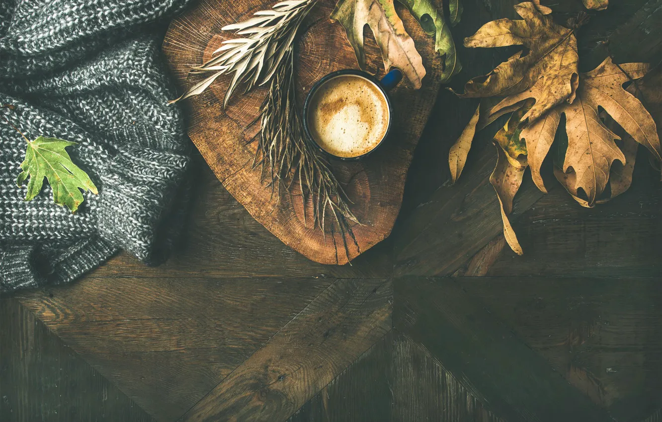 Photo wallpaper autumn, leaves, Cup, drink, autumn, composition